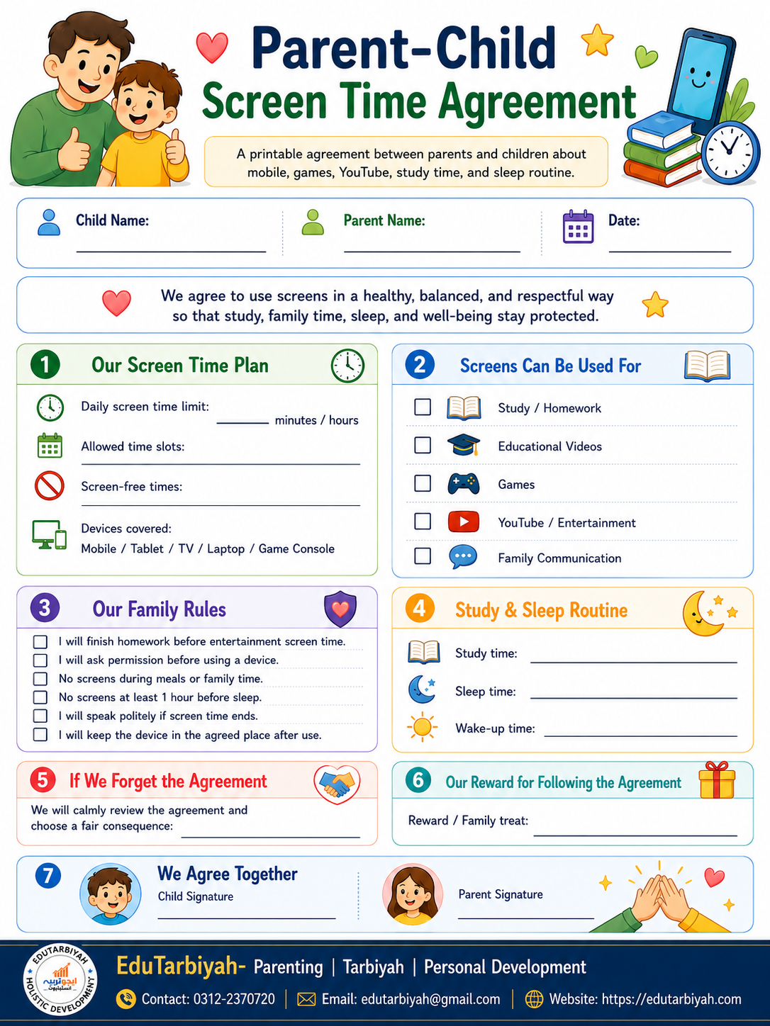 Parent Child Screen Time Agreement Sheet